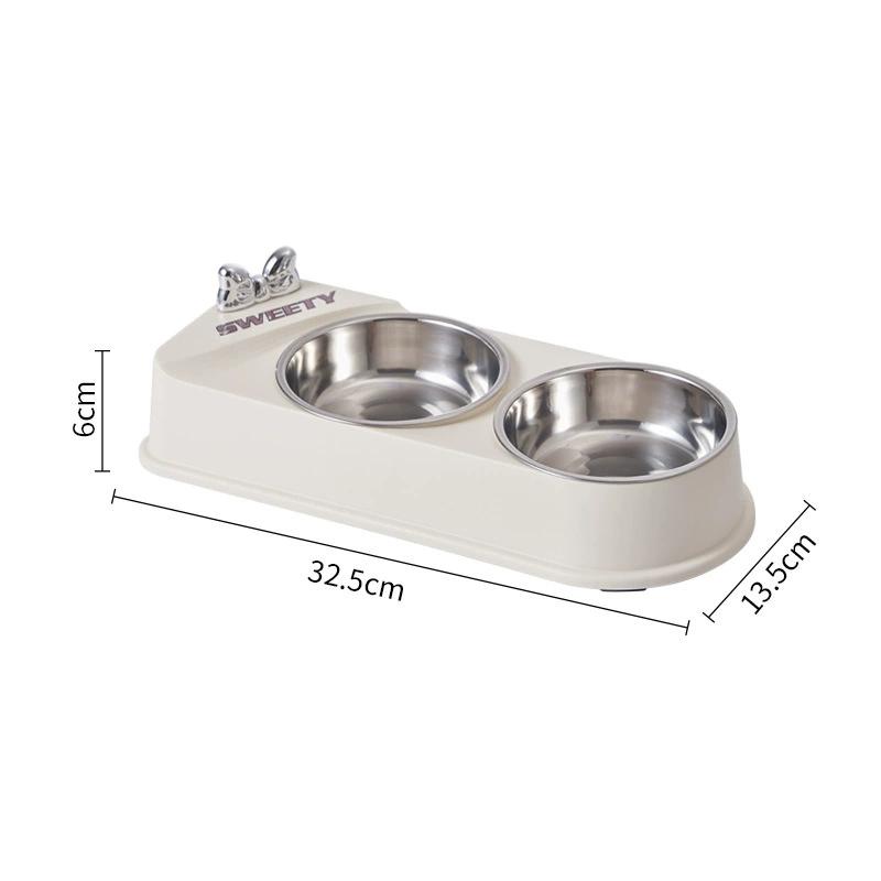 1pc pet stainless steel double bowl cat bowl dog bowl anti slip and anti knock pet bowl bow cat food bowl dog food utensil белый