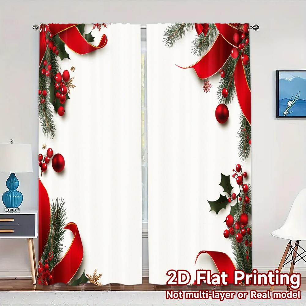 2pcs,Curtains Christmas Bow Holly Berry_a Chic Chic Curtains Prints Light Filtering Curtains All Seasons Perfect for Bedroom,