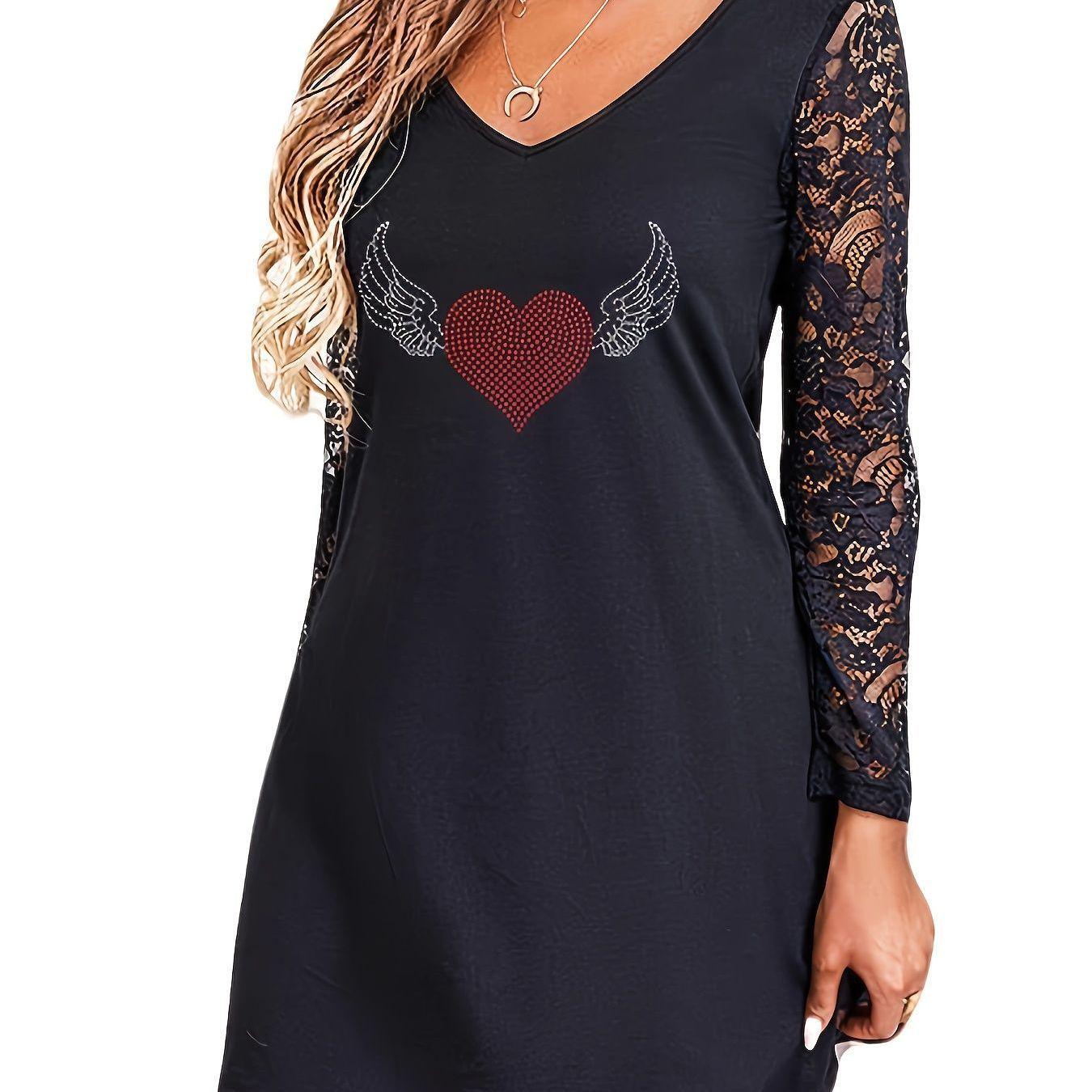 Elegant Plus Size Rhinestone Heart V-Neck Dress with Lace Sleeves 1XL чёрный