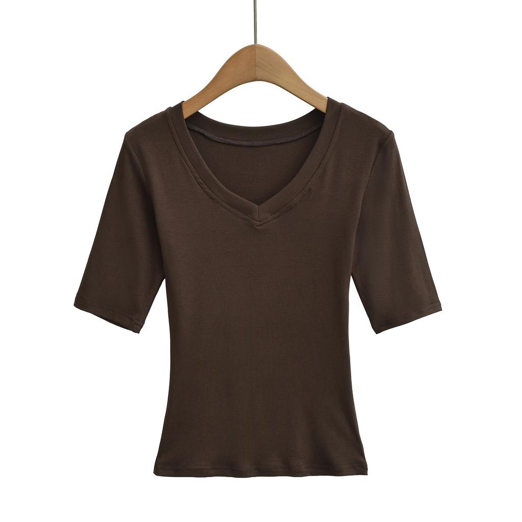 V-neck medium-sleeved T-shirt women's summer new American Spice Girl solid color slim-fitting and thin basic bottoming shirt top