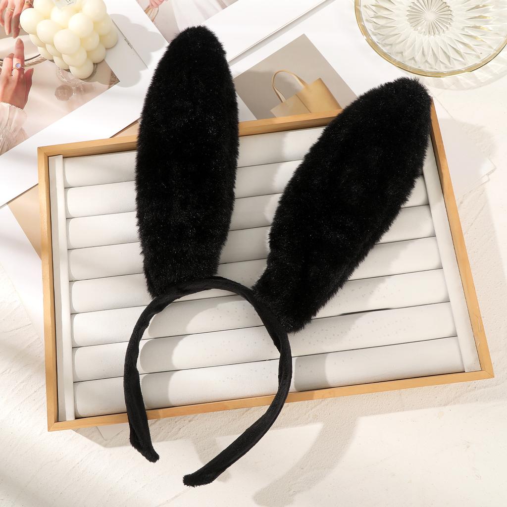 Leather Rabbit Ear Headband Black Headbands Women Cute Plush Hairbands Korean Festival Hair Accessories Headwear Bezel Accessory