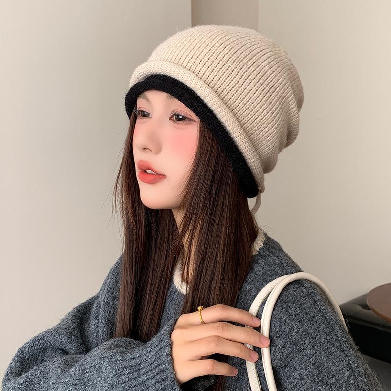 Japanese Drawstring Curled Knitted Hat Autumn and Winter Ear Protection Versatile Cold Hat Showing Face Small Woolen Hat