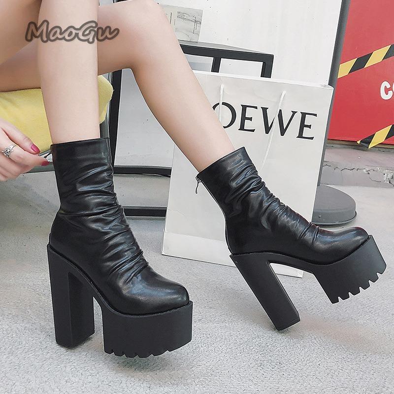 Autumn Gothic Ankle Boots Black PU Back Zip Super High Heel Short Boots Pleated Platform Shoes for Women Botas Para Mujer