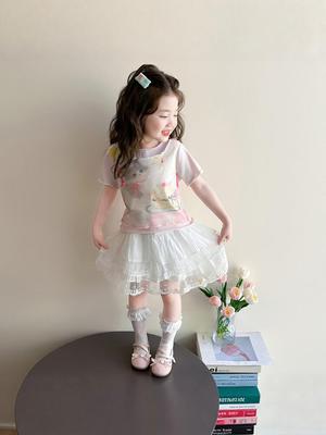 Cat Print Mesh Skirt & Short Sleeve Top Set for Girls - Summer Children's Clothing