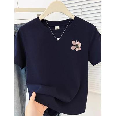 Damen Navy V-Ausschnitt Kurzarm T-Shirt mit kleiner Blumenapplikation, Lässiges Minimalistisches Blumenverziertes Tee, Sommer Basic Top