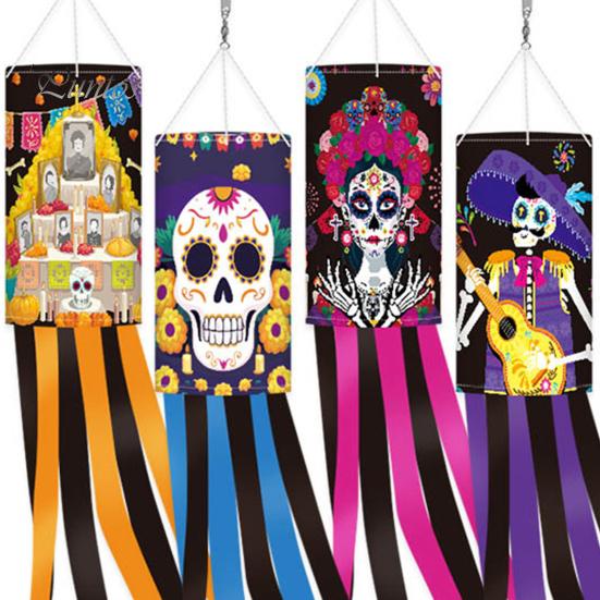 Layered Festive Scene Setup Day of The Dead Windsocks, Dia De Los Muertos Hanging Flag, Floral Windsock Skull Wind Socks with Flowing Tails for Front