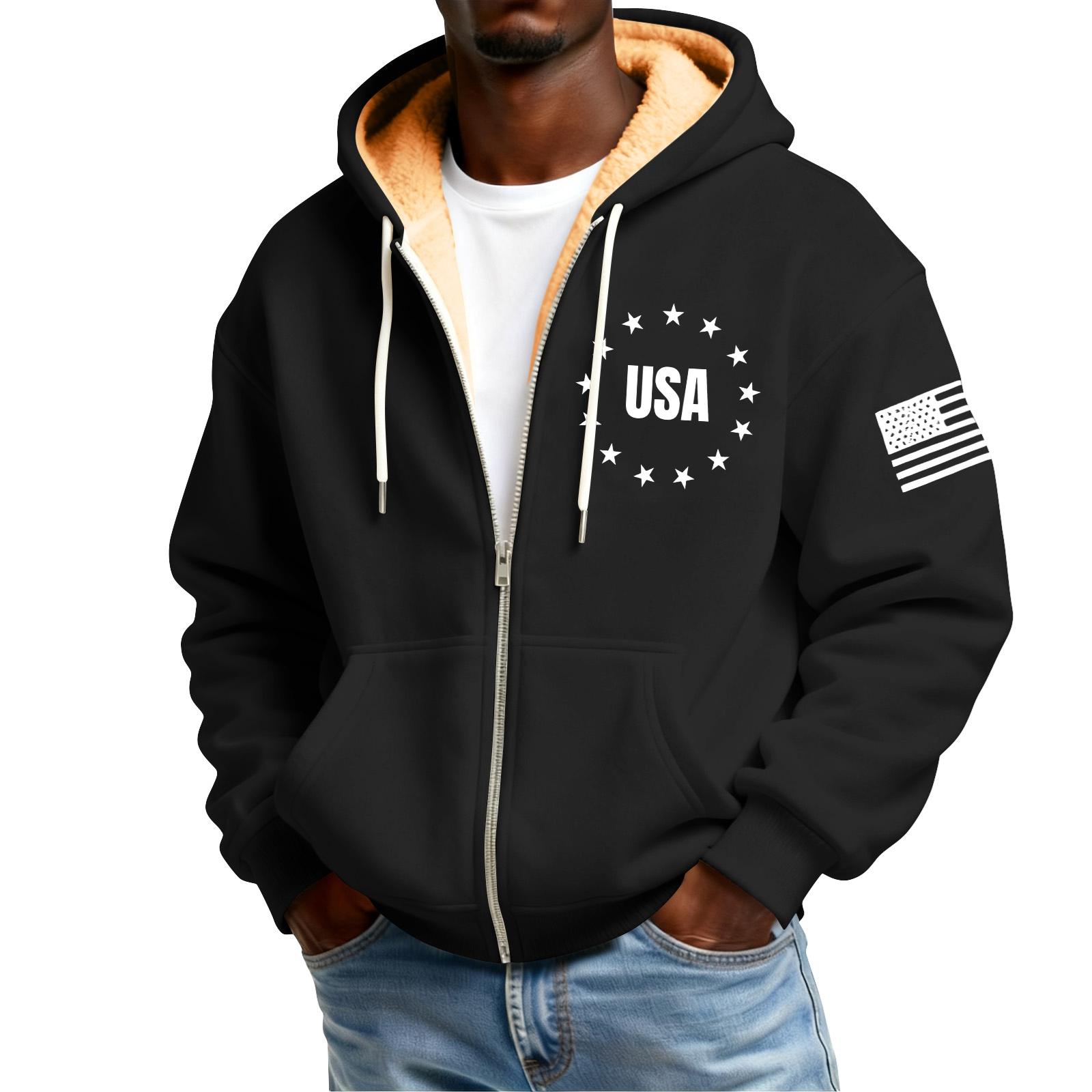 

Мужской флисовый кардиган с капюшоном на молнии и карманами с принтом флага, мужской повседневный кардиган M чёрный