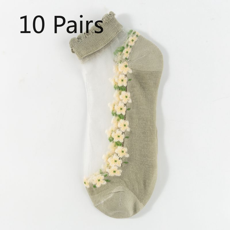 10 Pairs of Women's Thin Silk Stockings for Spring and Summer, Glass Lace Crystal Boat Socks, Cotton Socks, Breathable and Sweat-absorbent