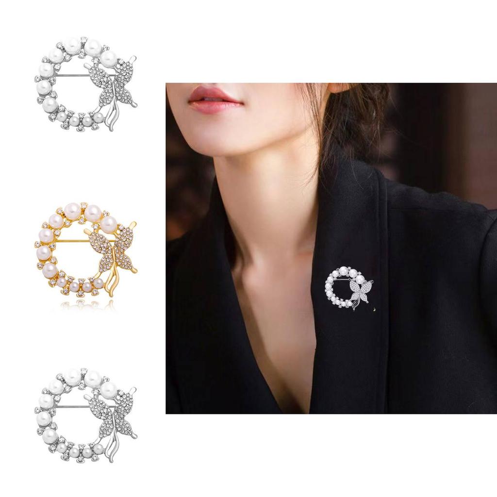 Stylish And Elegant Silver And Gold Butterfly Brooch With Rhinestones And Pearls For Women