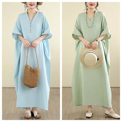 DIMANAF Nuovo 2026 Donna Taglie Forti Estiva Casual Abito da Sole Lungo Cotone Ampio Oversize Maxi Spiaggia Monocolore Elegante Signora Vacanza