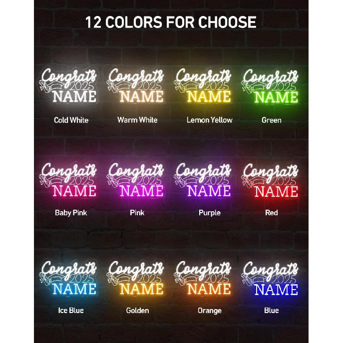 Custom Congrats Name Neon Signs for Class of 2025 Graduation, Personalized Congrats LED Neon Lights with Graduation Cap for Graduation Party Decor,