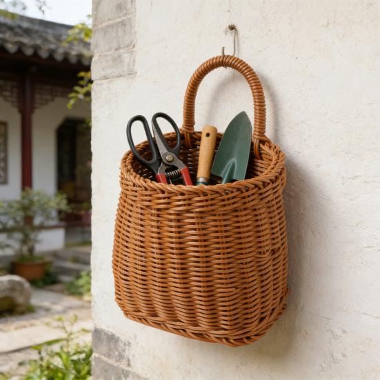 Handwoven Storage Basket Boho Hanging Basket with Handle Rustic Storage Basket for Flowers Fruits Vegetables Kitchen Produce
