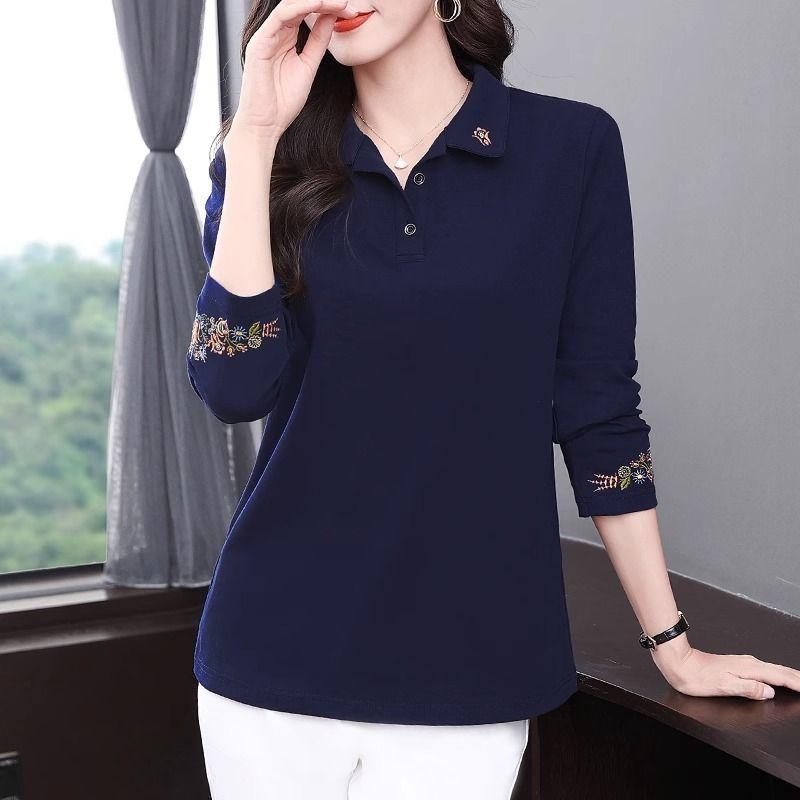 Women's Vintage Embroidery Polo Collar Elegant T-shirts Spring Autumn Korean Fashion Casual Long Sleeve Loose Tops Ropa De Mujer