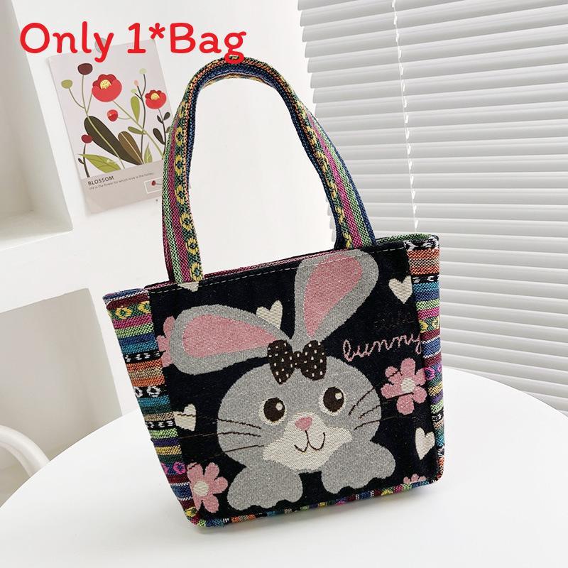 Elephant Embroidered Canvas Handbag With Dual Handles For Casual Daily Use