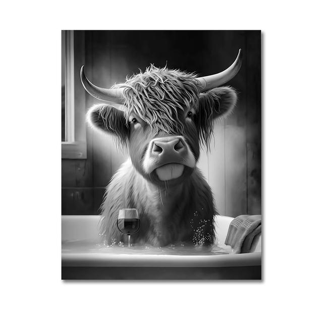 Funny Highland Cow On Toilet Wall Art Poster Prints Rustic Farmhouse Style Canvas Painting Picture for Bathroom Room Home Decor