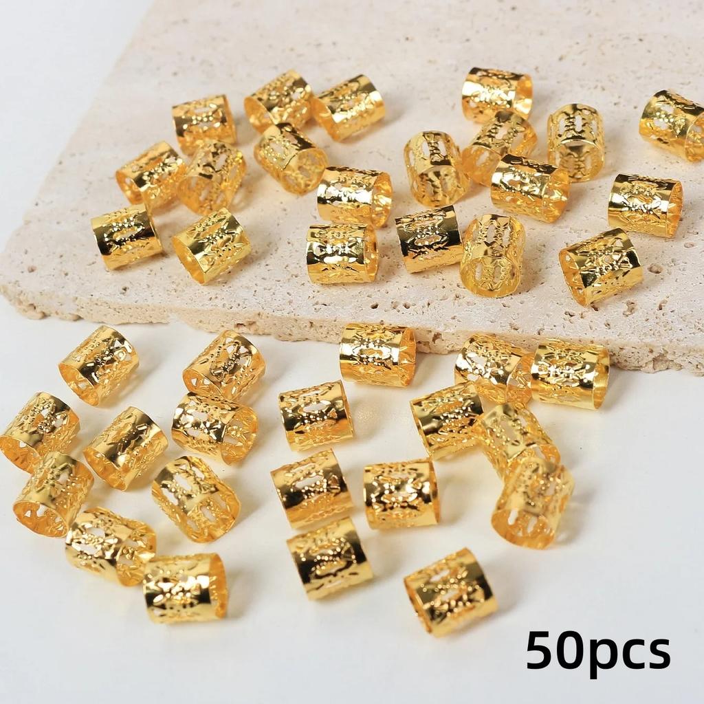 50pcs Metal Hollow Hair Rings, Beads Hair Braid Clips, Dreadlock Cuffs for Braiding, Hair Accessories Decoration