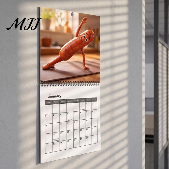 Coated Paper Wall Calendar Sausage 2027 Calendar, Funny Figure 12 Month Planner Creative Home Office Decor with Spiral Binding, Novelty Hanging