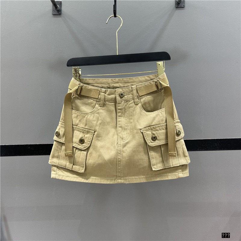 Women's Khaki A-Line Denim Skirt - High Waist, Anti-Exposure, Slim Fit, Retro Style for Summer