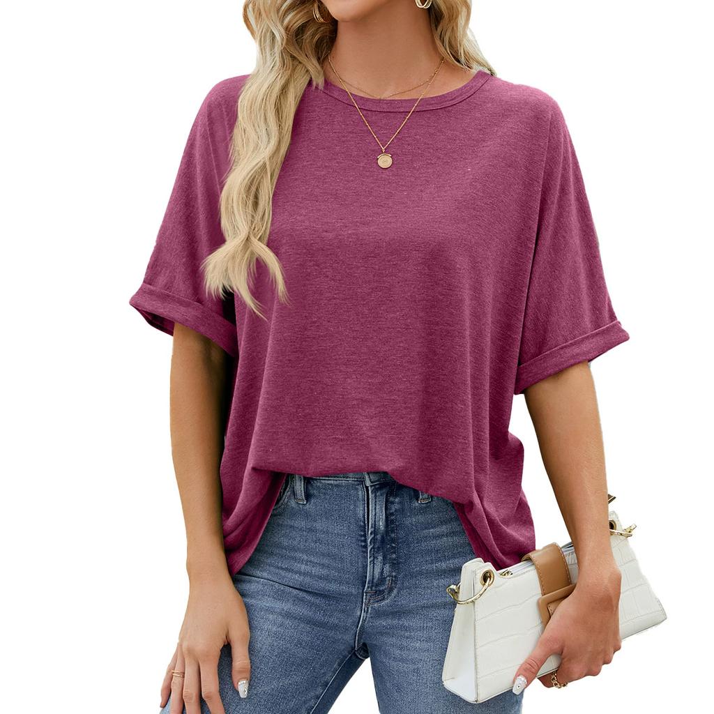 Summer New Solid Color Round Neck Large Size Loose Short Sleeve