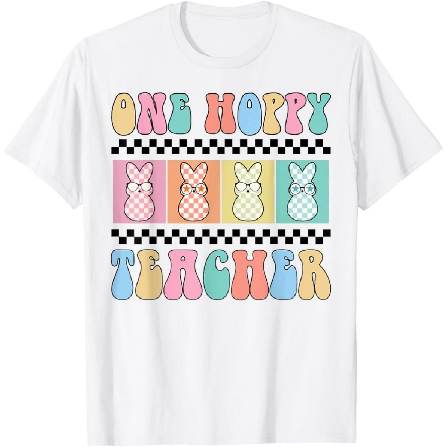 One Hoppy Teacher Bunny Easter Day Groovy Retro Boy Girl T-Shirt XXXXXL белый