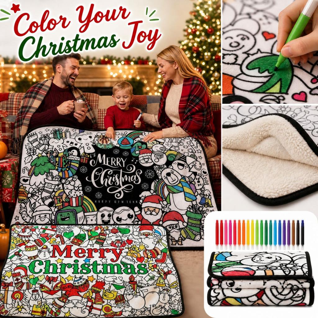 Christmas Kids Coloring Blanket with Watercolor Markers, DIY Painting Activity for Children and Family