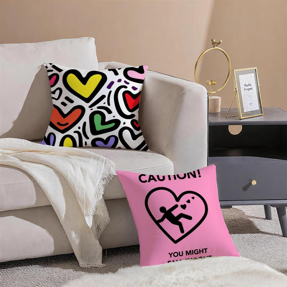 Sweet Graphic Element Lovely Heart Cushion Cover Pillowcase Short Plush Invisible Zipper Room Sofa Cushion Cover