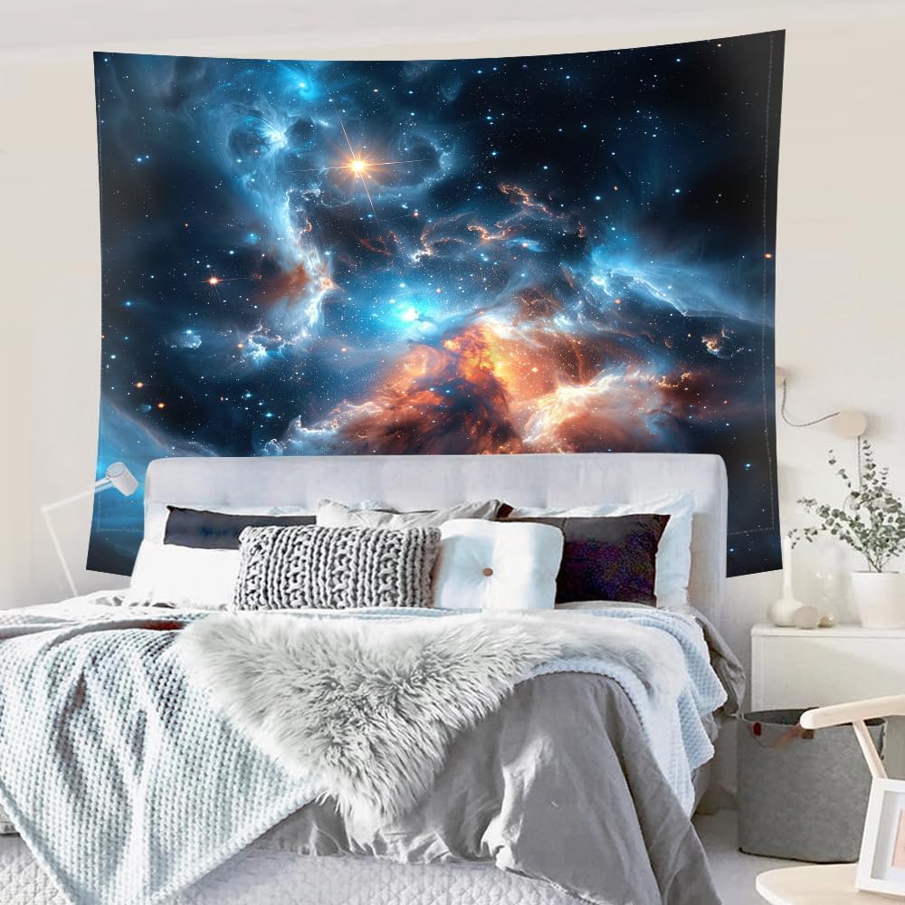 Riyidecor Galaxy Nebula Tapestry 59Wx51H Inch Outer Space Blue Starry Sky Night Fantasy Cosmic Universe Solar System Mystical Wall Hanging for Kids
