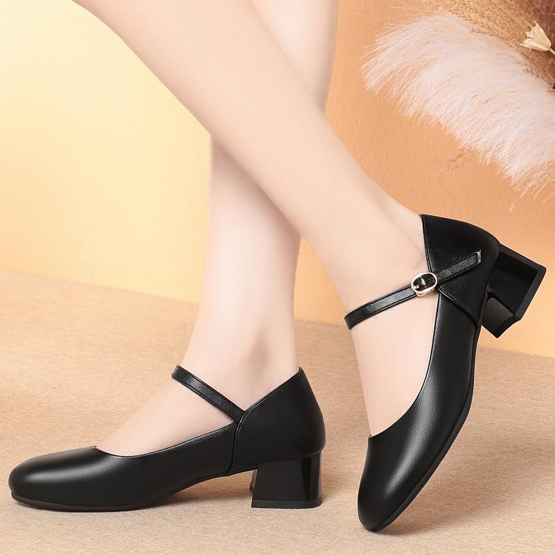 Fashion Soft Leather Work Shoes Women Black Soft Sole Comfortable Working Thick Heel Single Shoes Women's Head One-Button Leather Shoes