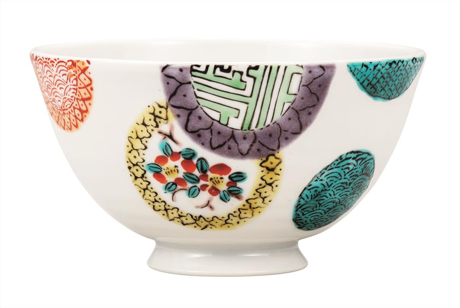 Kutani ware Iwataya Lightweight Rice Bowl with Colorful Round Pattern K9-487