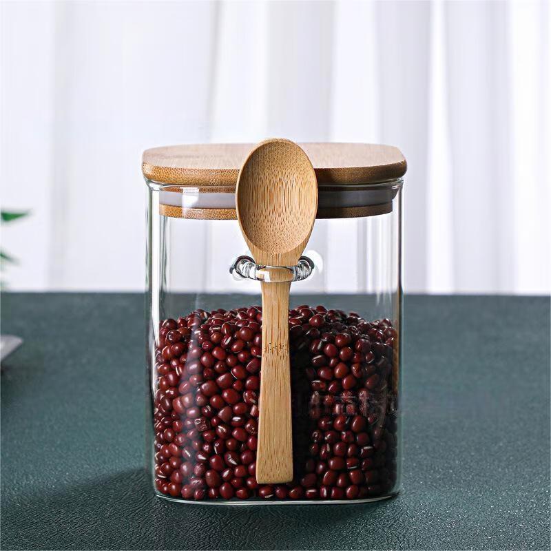 Shangqi Heat-Resistant Square Glass Jar with Bamboo Lid & Spoon