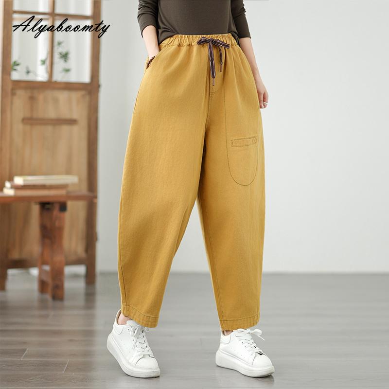 

Корейская мода Осень Зима Женские джинсы галифе Высокая посадка Кулиска Желто-коричневые Повседневные Свободные Джинсовые брюки Классические Большого размера Женские джинсы XXL жёлтый