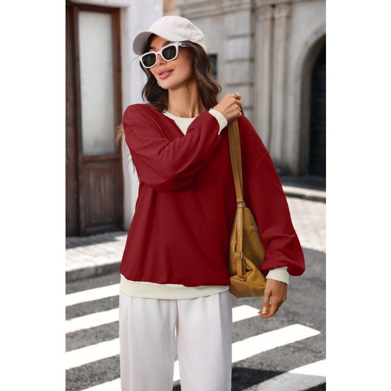 Women Loose Color Block Crew Neck Long Sleeve Casual Pullover Sweatshirt