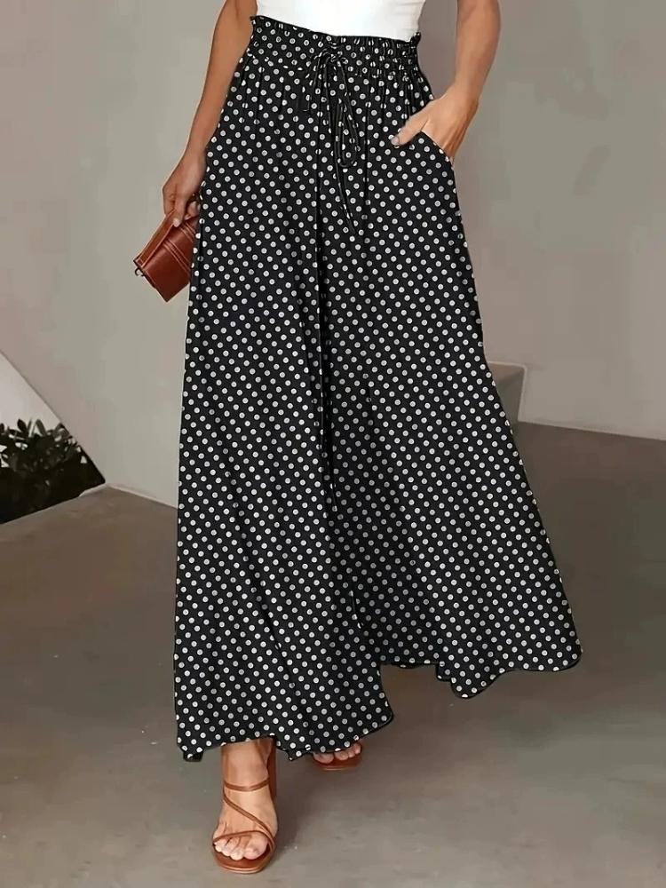 Summer Bohemian Wide-Leg Pants with Elastic Waist and Polka Dot Print Long Skirt Pants for Women
