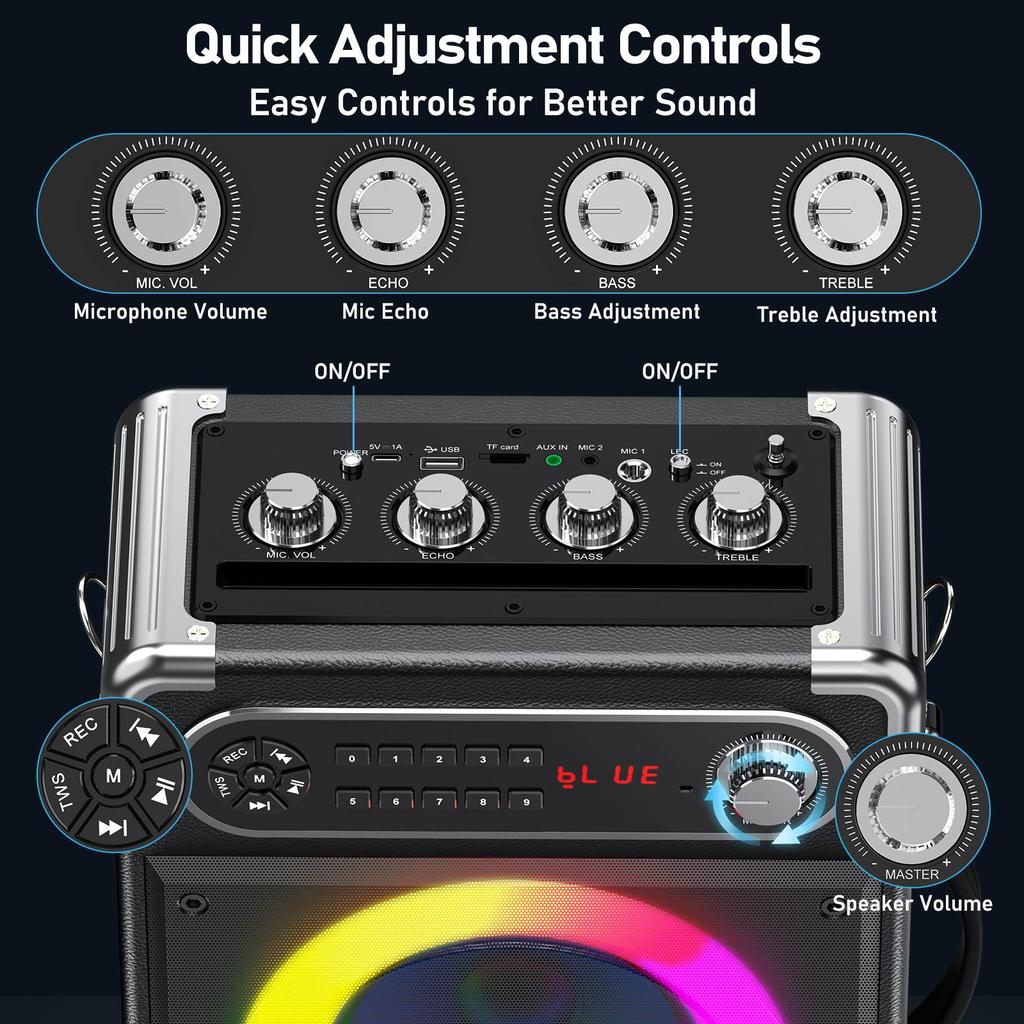 Karaoke-Maschine mit zwei drahtlosen Mikrofonen, tragbarer Bluetooth-Lautsprecher mit Bass-/Höhenregelung, PA-System mit Fernbedienung