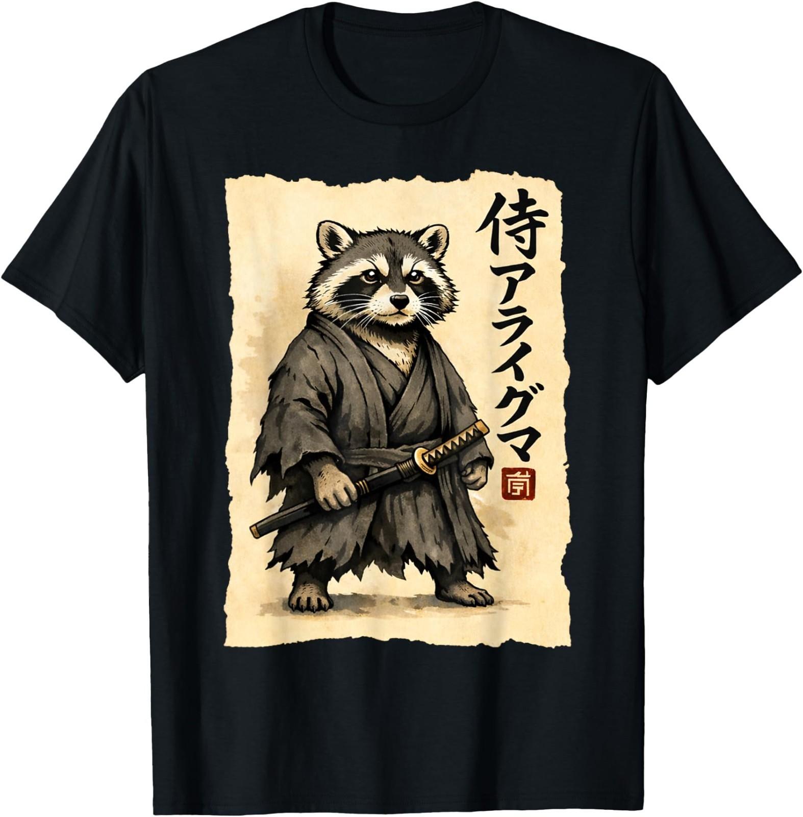 Samurai Raccoon Japanese Warrior Vintage Ukiyo-e Anime Art T-Shirt 3XL