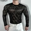 INCERUN Men Round Neck Long Sleeve Mesh Skinny Tops See Through T-shirts Undershirts