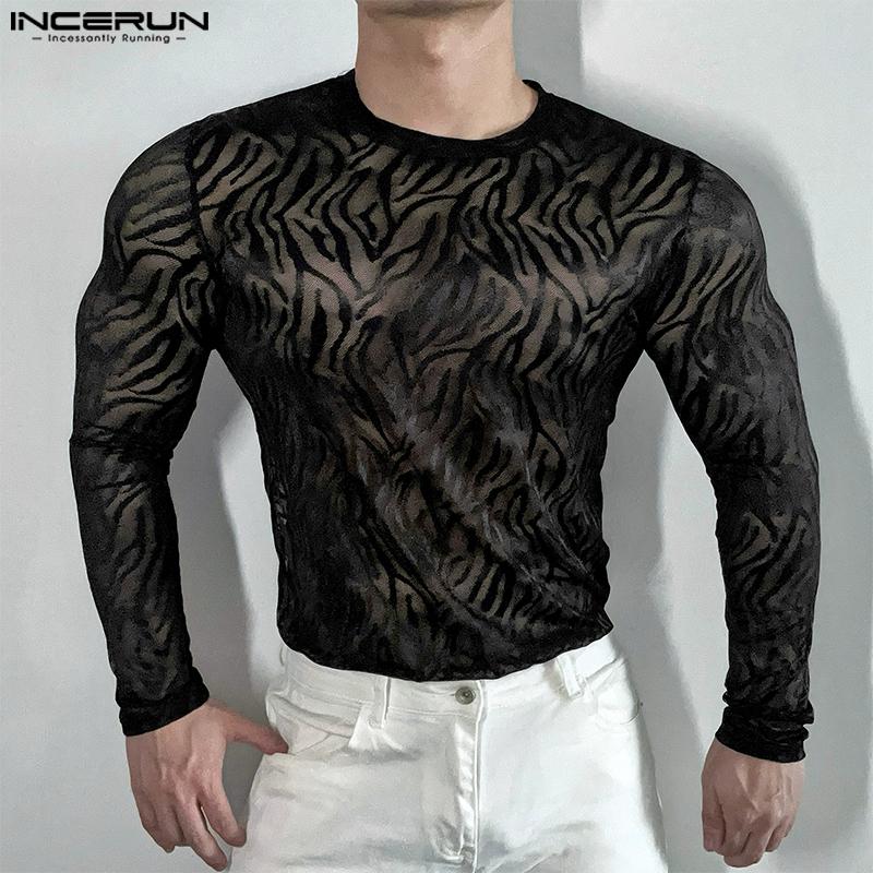 INCERUN Men Round Neck Long Sleeve Mesh Skinny Tops See Through T-shirts Undershirts