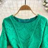 Retro Palace Temperament Round Neck Waist Show Thin Hook Flower Hollow a Word Lace Dress Elegant Large Skirt