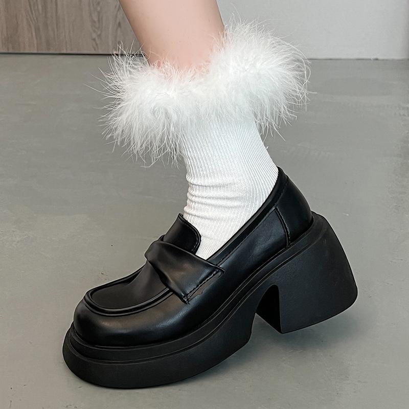 French thick heel platform loafers women's spring summer 2025 new versatile white British high heel small leather shoes