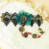 Gothic Peacock Green Lace Hand Jewelry: Chiffon Flower Bracelet with Red Crystal Ring for Women