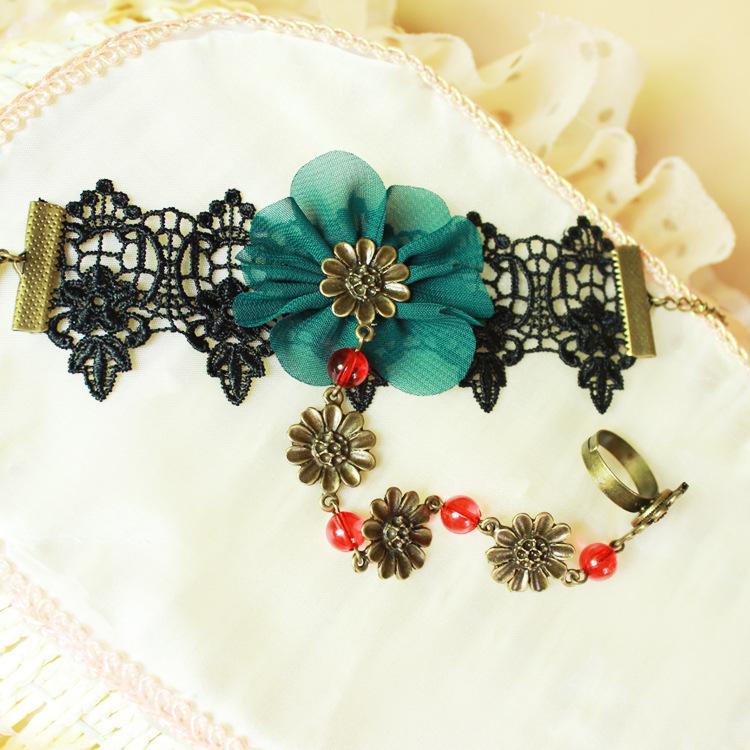 Gothic Peacock Green Lace Hand Jewelry: Chiffon Flower Bracelet with Red Crystal Ring for Women