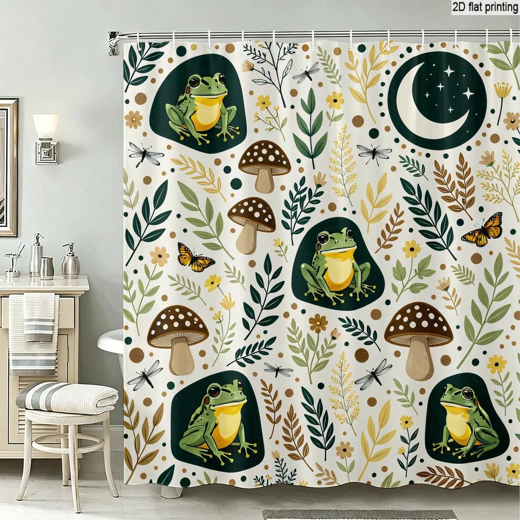 Kawaii Frog Mushroom Jungle Shower Curtain Polyester Bathroom Tapestry Tropical Botanical Nature Print