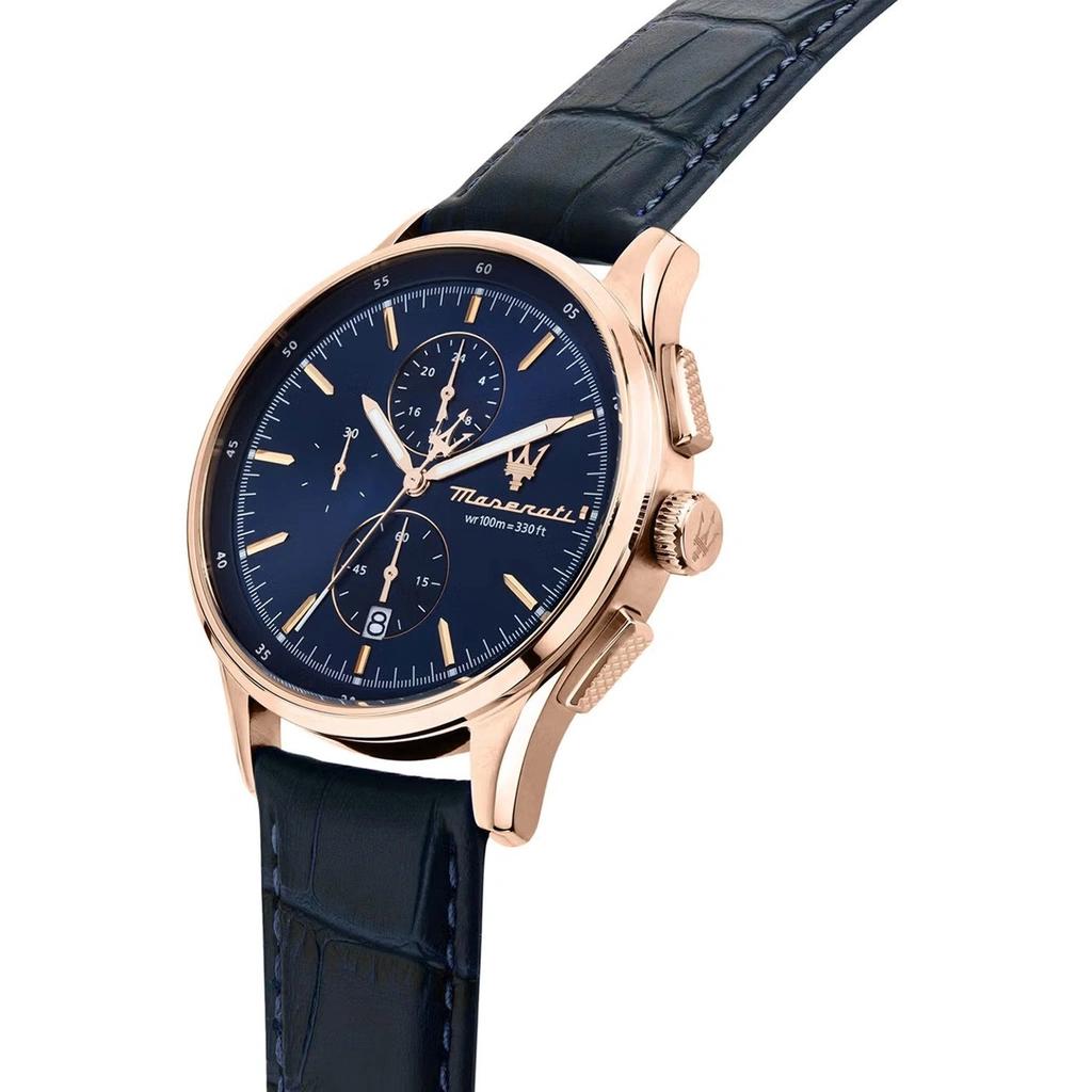 Maserati Sorpasso Chronograph Leather Strap Blue Sunray Dial Quartz R8871624009 100M Men's Watch