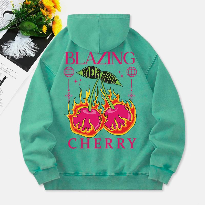 Blazing Cherry Washed Hoodies Women Vintage Prints Cotton Pullovers Distressed Pocket Oversize Hooded Clothes