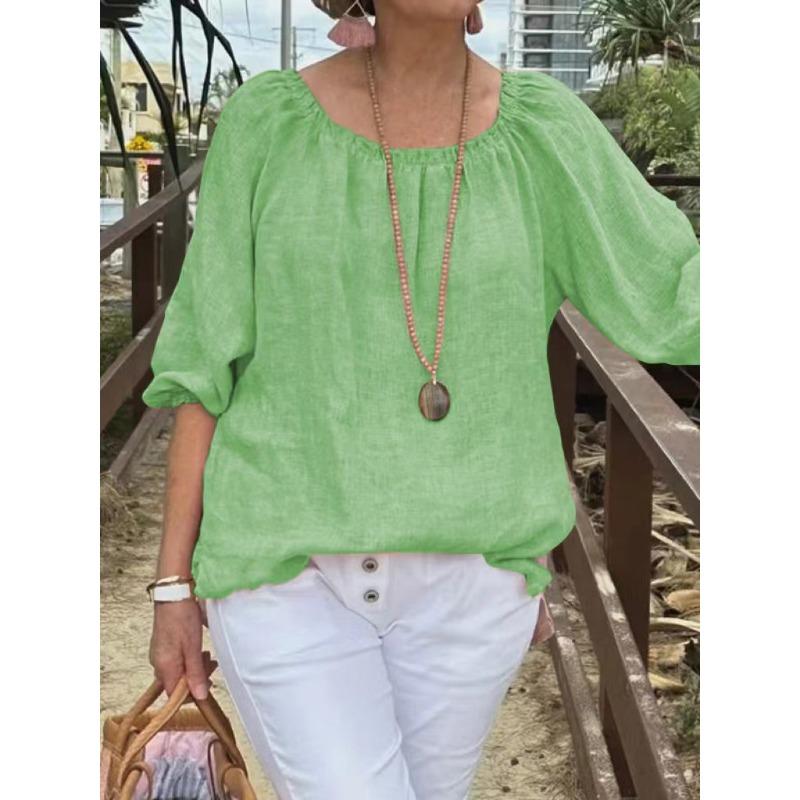 Womens Off Shoulder Linen Blouse Casual Loose 3/4 Sleeve Top