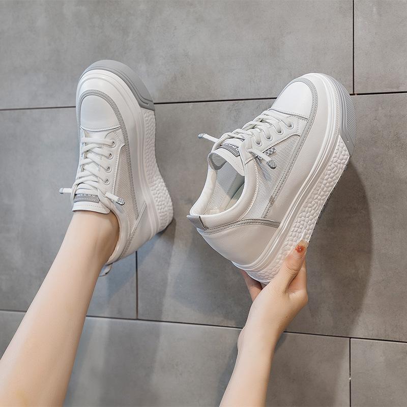 Leather little white shoes women's 2025 new mesh breathable thick baseplate shoes muffin sports shoes inner height increase casual women's shoes