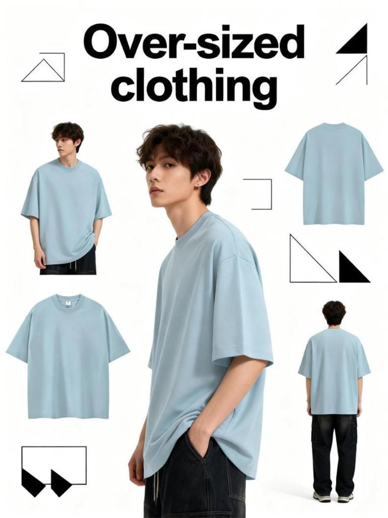 Men's Oversized Round Neck Logo T-Shirt - Solid Color, Drop Shoulder, Pure Cotton, European Size 200g