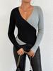 2025 Elegant V-neck Color Block Knitted Sweater - Women's Autumn/Winter Long Sleeve Top