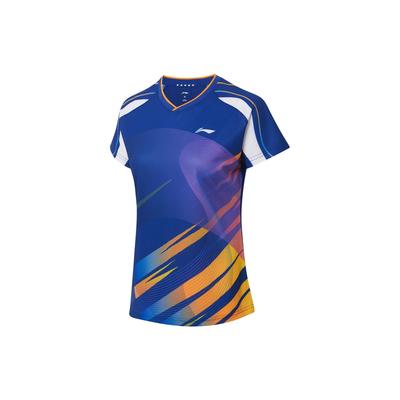 Li Ning Ping Pong Series Striped Logo Quick-Dry V-Neck Short Sleeve T-Shirt Women Tops Blue AAYS238-1