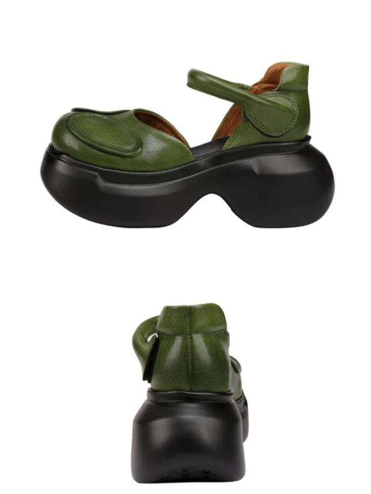 Johnature Mary Jane Round Toe Thick Soled Sandals Genuine Leather Comfortable Women's Shoes